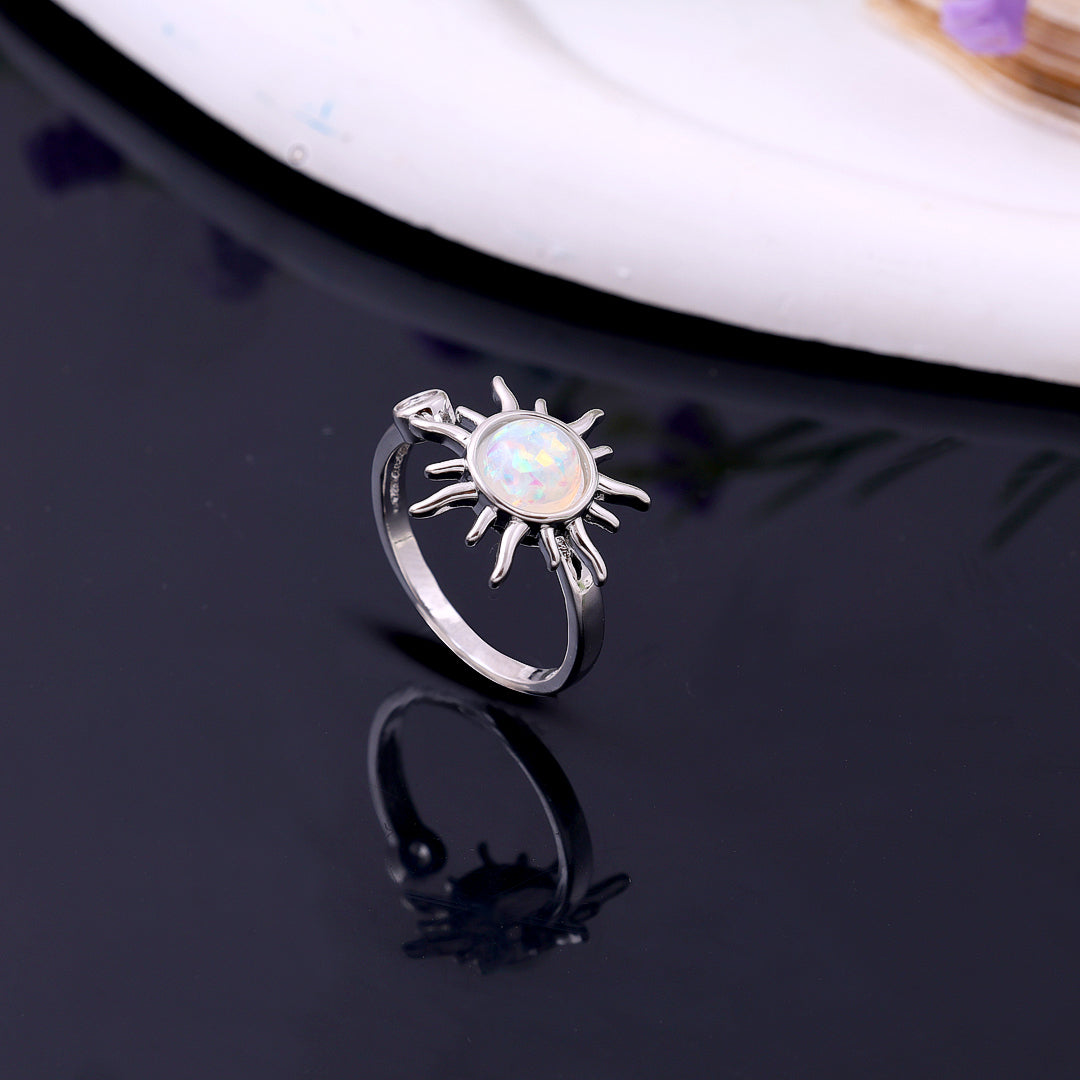Sun and Moon White Opal Silver Ring