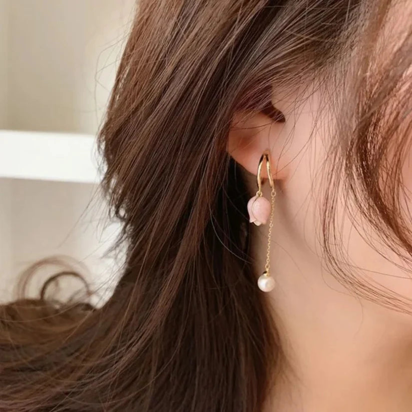 Rose Gold Contemporary Pearl Drop Earrings
