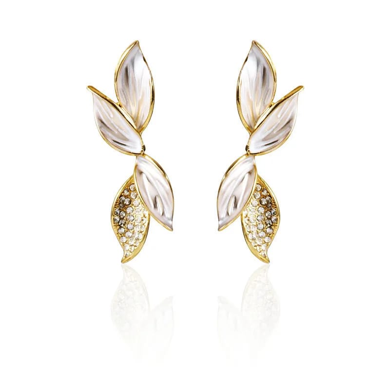 White Stone Leaf Drop Earrings