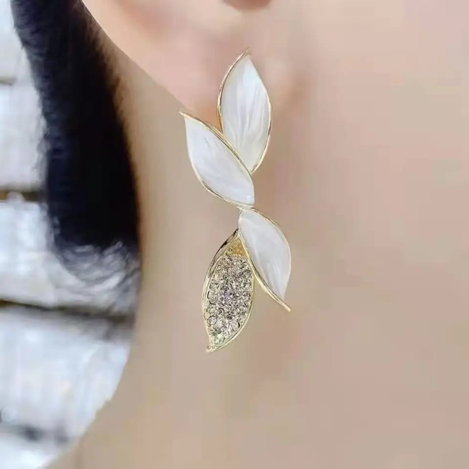 White Stone Leaf Drop Earrings