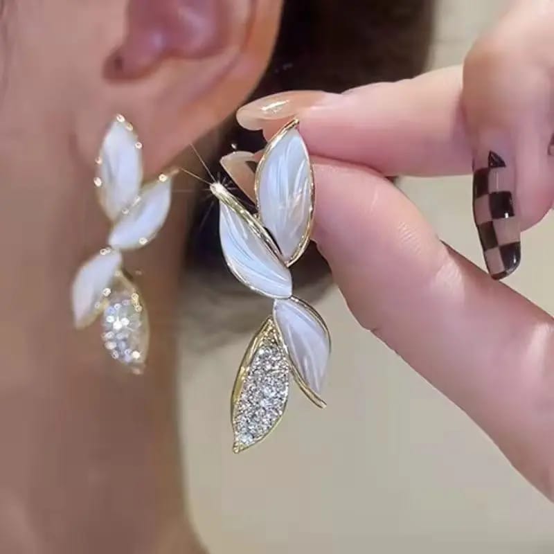 White Stone Leaf Drop Earrings