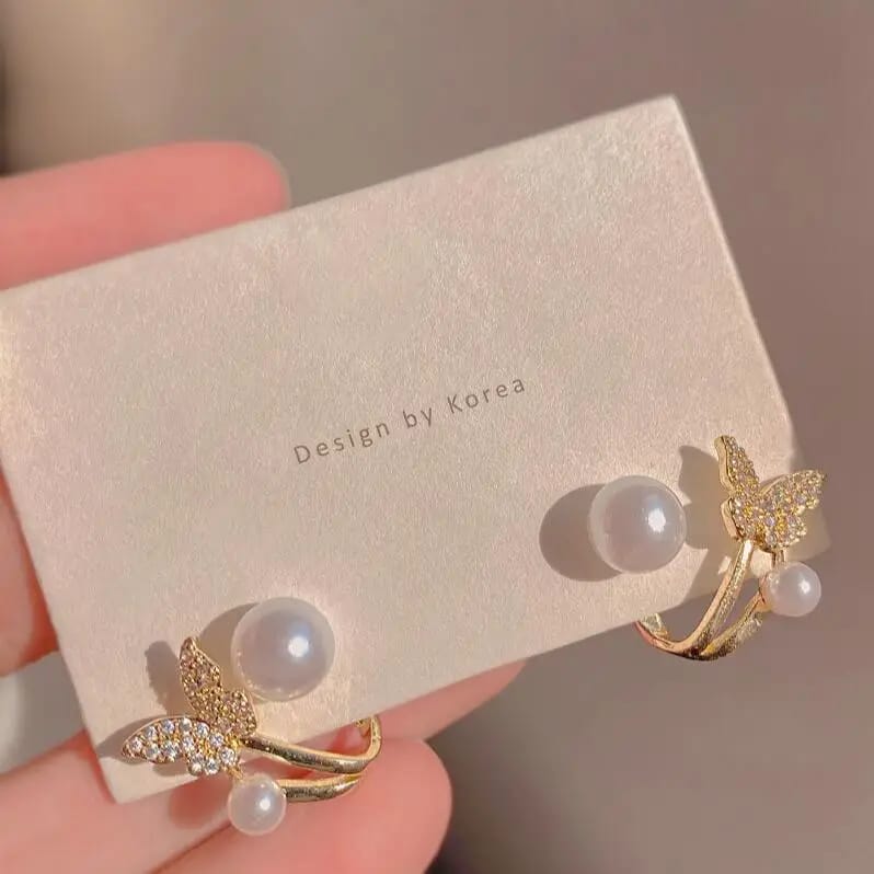Korean Butterfly Pearl Stud Earrings