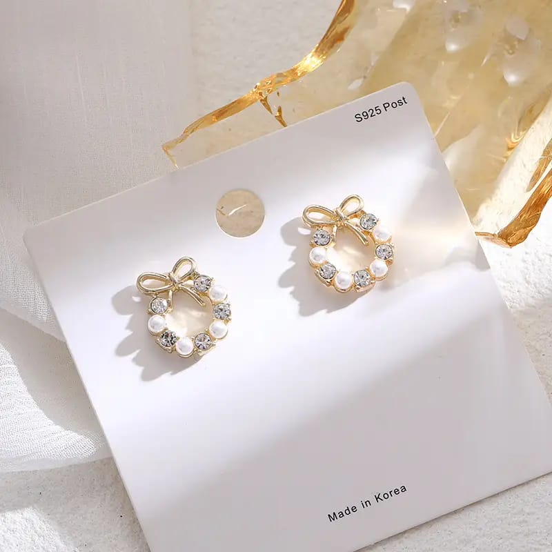 bow round Pearl Alloy Earrings