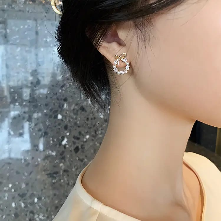 bow round Pearl Alloy Earrings