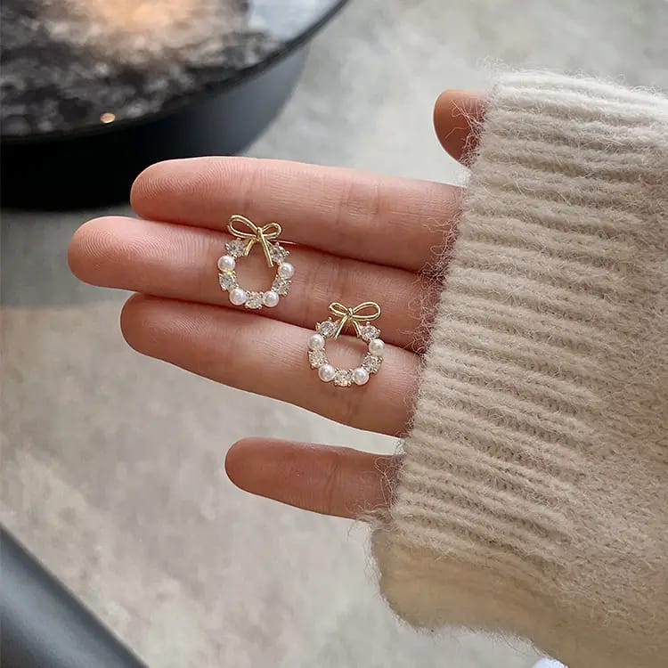 bow round Pearl Alloy Earrings