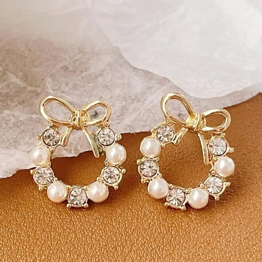 bow round Pearl Alloy Earrings