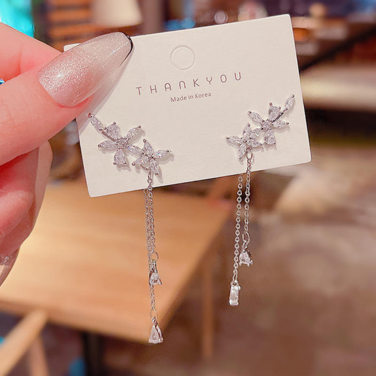 Zirconia long tassel earrings