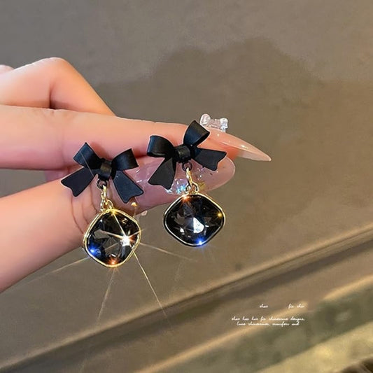 Black Bow Crystal Earrings