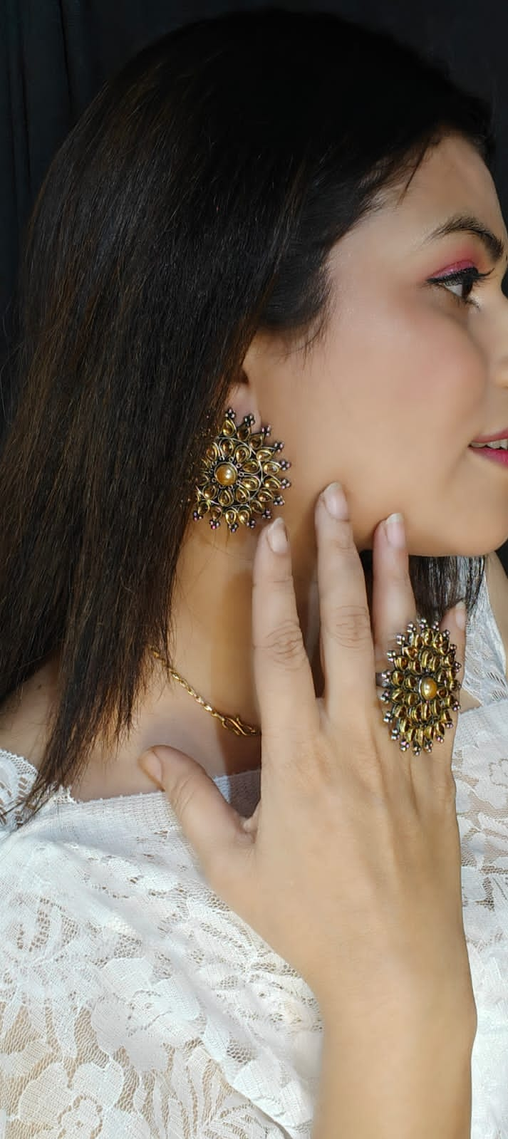 Gold Plated Design Earring with finger ring