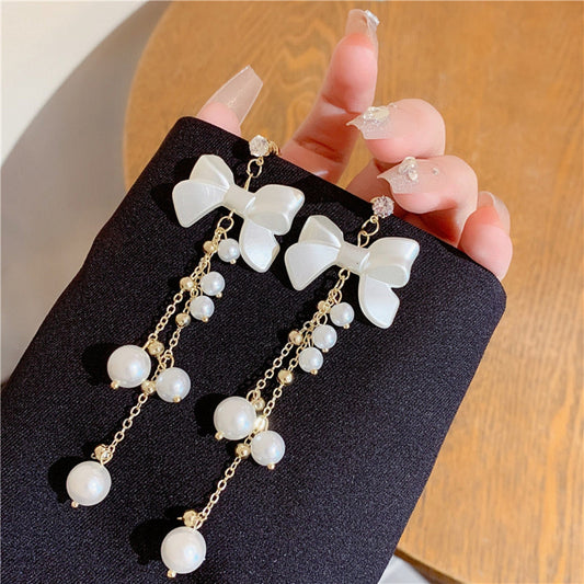 Pearls Bow Drop Long Earrings