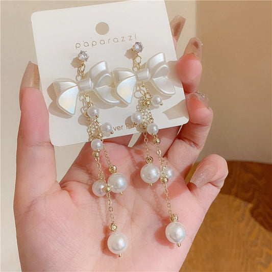 Pearls Bow Drop Long Earrings