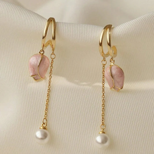 Rose Gold Contemporary Pearl Drop Earrings