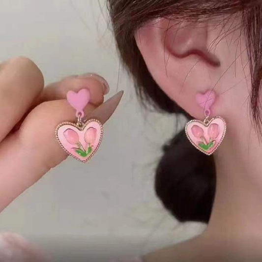 Pink Tulip Heart Earrings