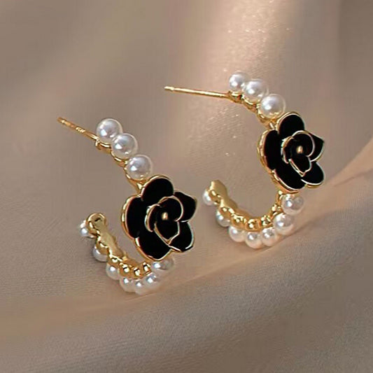 Black Camellia Pearl Earrings