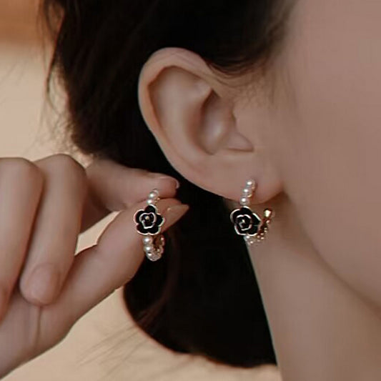 Black Camellia Pearl Earrings