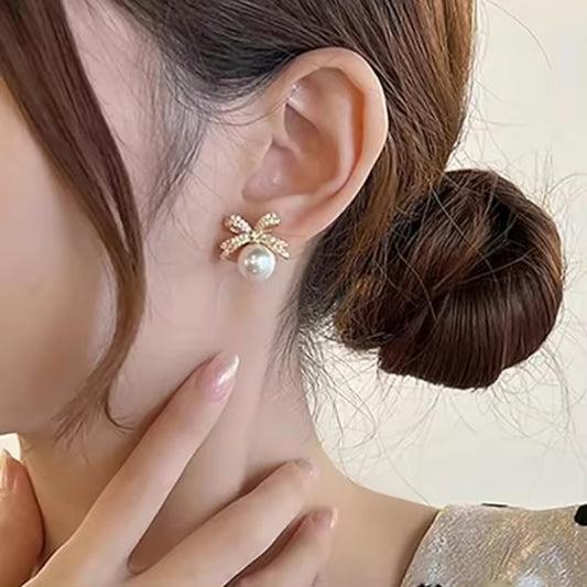 Gold Bow and Pearl Studs