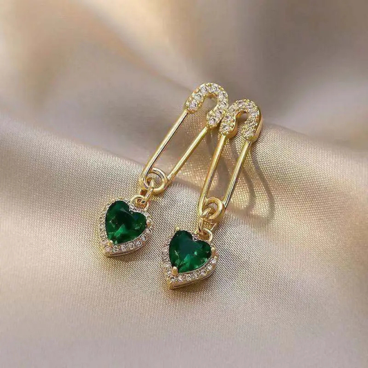 Green Stone Heart Design Drop Earrings