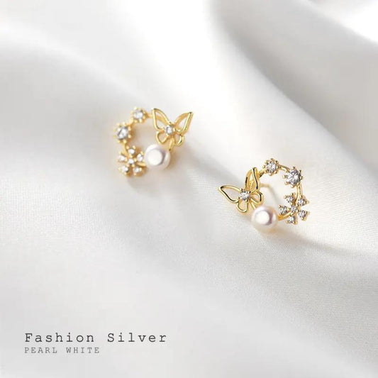 Golden Butterfly Pearl Earrings