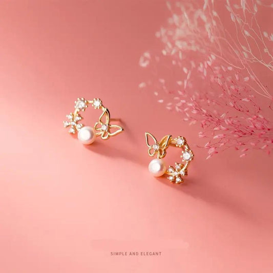 Golden Butterfly Pearl Earrings