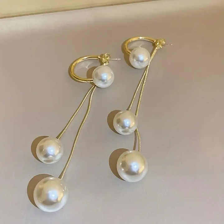 Gold Plated Pearl Long Drops Earrings