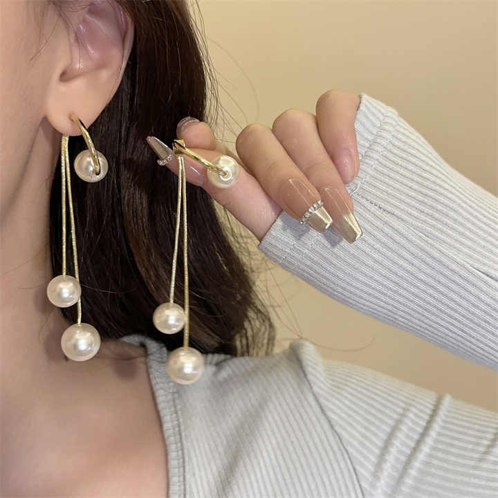 Gold Plated Pearl Long Drops Earrings