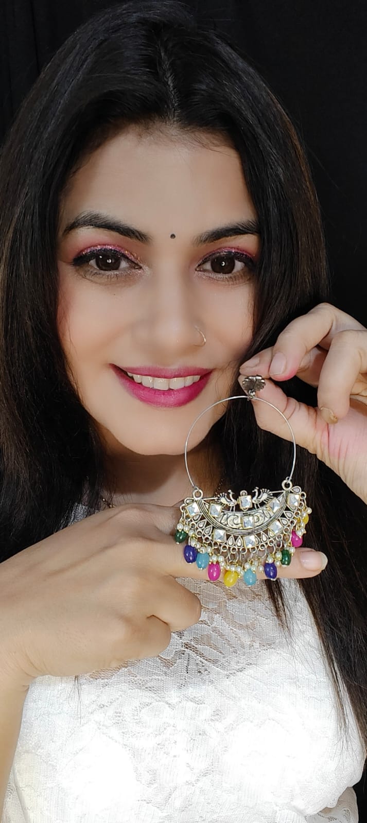 Oxidised Silver Round Meenakari earings