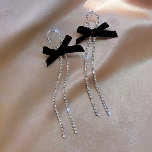 White Stone Black Bow Earrings