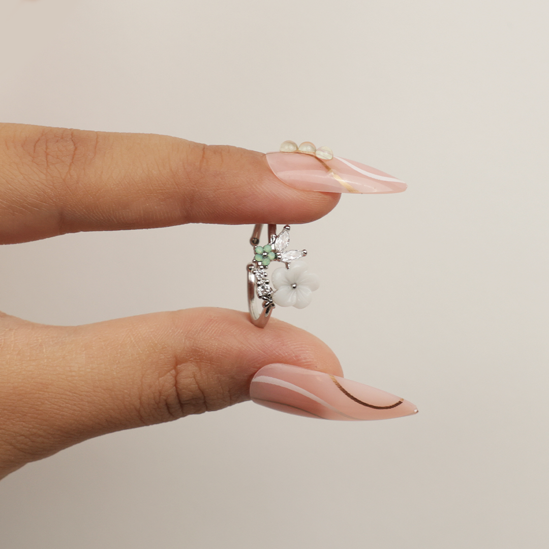 Silver Crystal Leaves White Flower Ring