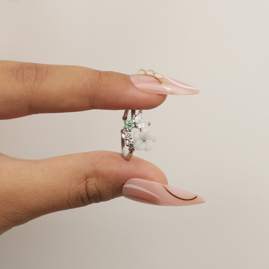 Silver Crystal Leaves White Flower Ring