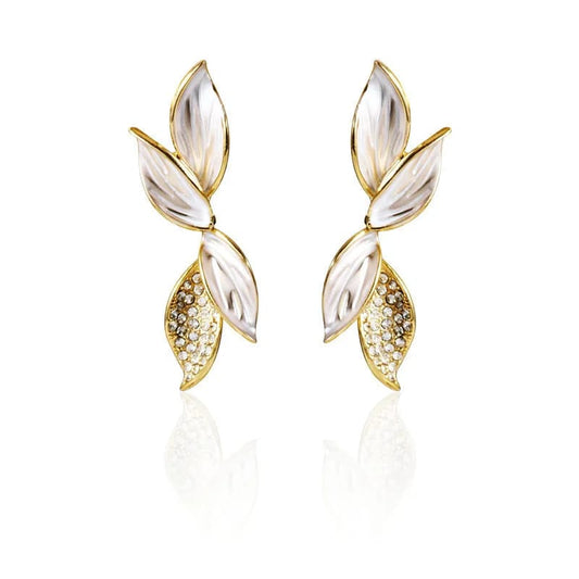 White Stone Leaf Drop Earrings