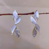 White Stone Leaf Drop Earrings