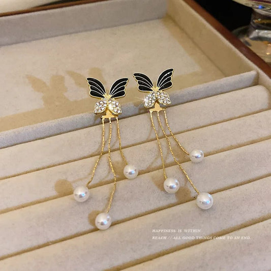 Black Butterfly pearl Tassel Earrings