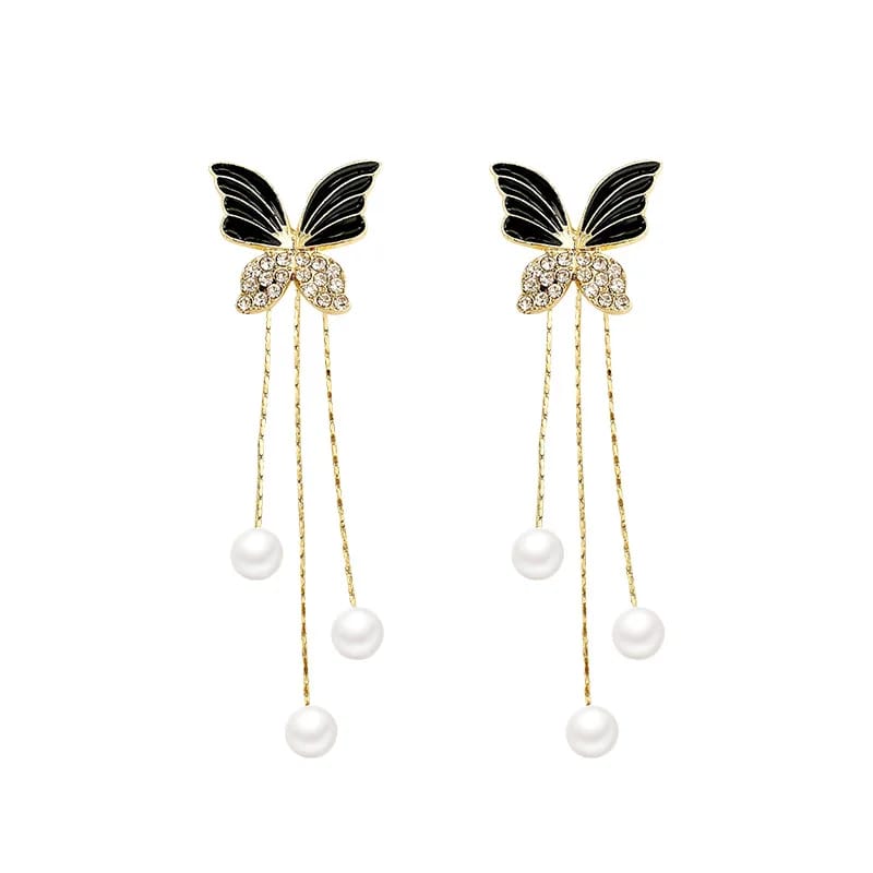 Black Butterfly pearl Tassel Earrings