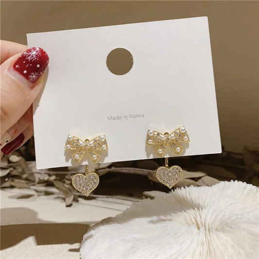 Korean Heart Bow Pearl Diamond Earrings