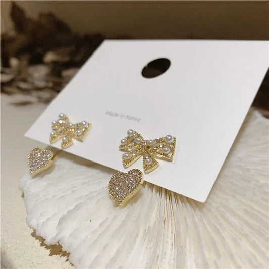 Korean Heart Bow Pearl Diamond Earrings